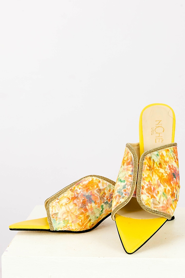 Yellow Art Leather Sequins Embellished & Floral Printed Handbag With Heels by Niche Label at Pernia's Pop Up Shop