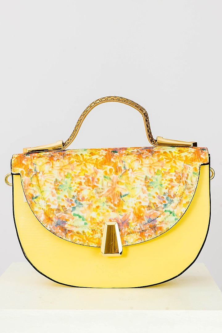 Yellow Art Leather Sequins Embellished & Floral Printed Handbag With Heels by Niche Label at Pernia's Pop Up Shop