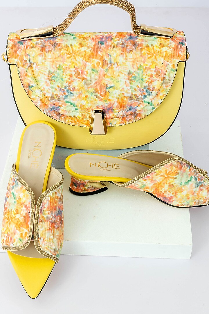 Yellow Art Leather Sequins Embellished & Floral Printed Handbag With Heels by Niche Label at Pernia's Pop Up Shop