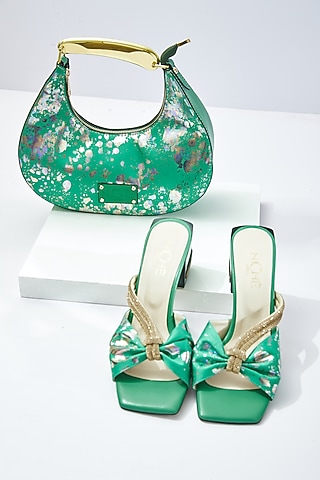 Green Art Leather Sequins Embellished Handbag With Heels by Niche Label
