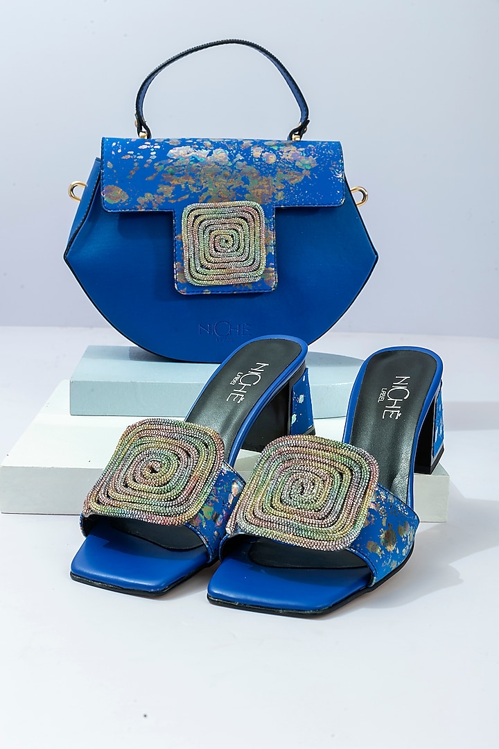 Blue Art Leather Sequins Embellished Handbag With Heels by Niche Label