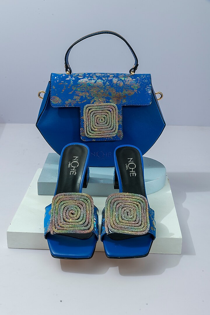 Blue Art Leather Sequins Embellished Handbag With Heels by Niche Label at Pernia's Pop Up Shop