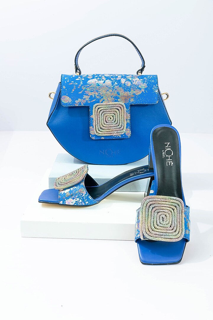 Blue Art Leather Sequins Embellished Handbag With Heels by Niche Label at Pernia's Pop Up Shop