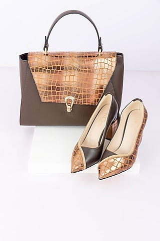 Brown Art Leather Snake Pattern Handbag With Heels by Niche Label