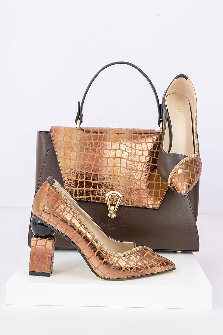 Brown Art Leather Snake Pattern Handbag With Heels by Niche Label at Pernia's Pop Up Shop