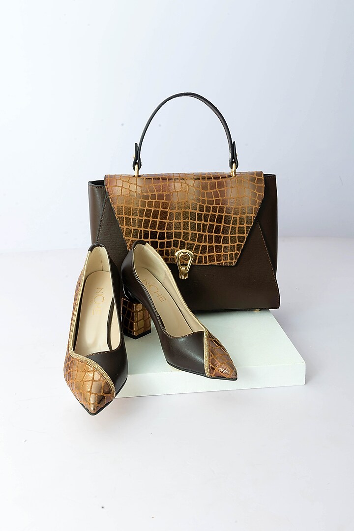 Brown Art Leather Snake Pattern Handbag With Heels by Niche Label at Pernia's Pop Up Shop