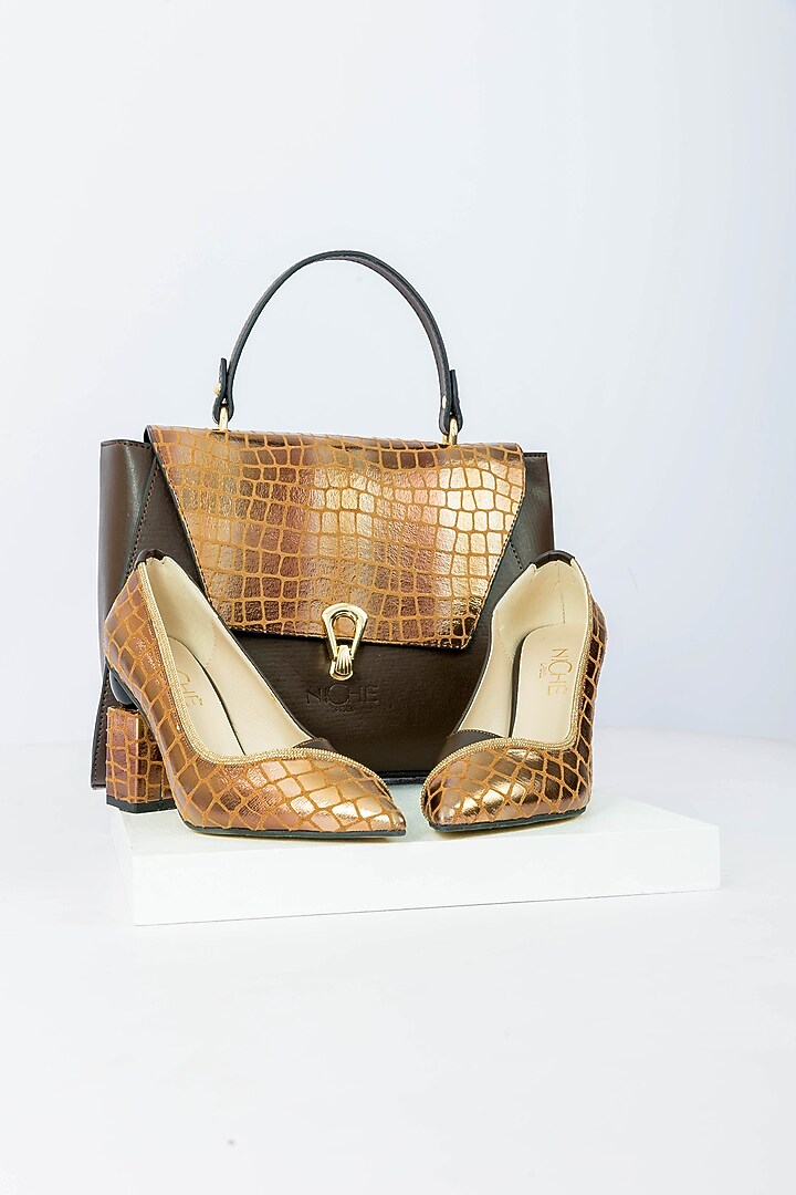 Brown Art Leather Snake Pattern Handbag With Heels by Niche Label at Pernia's Pop Up Shop