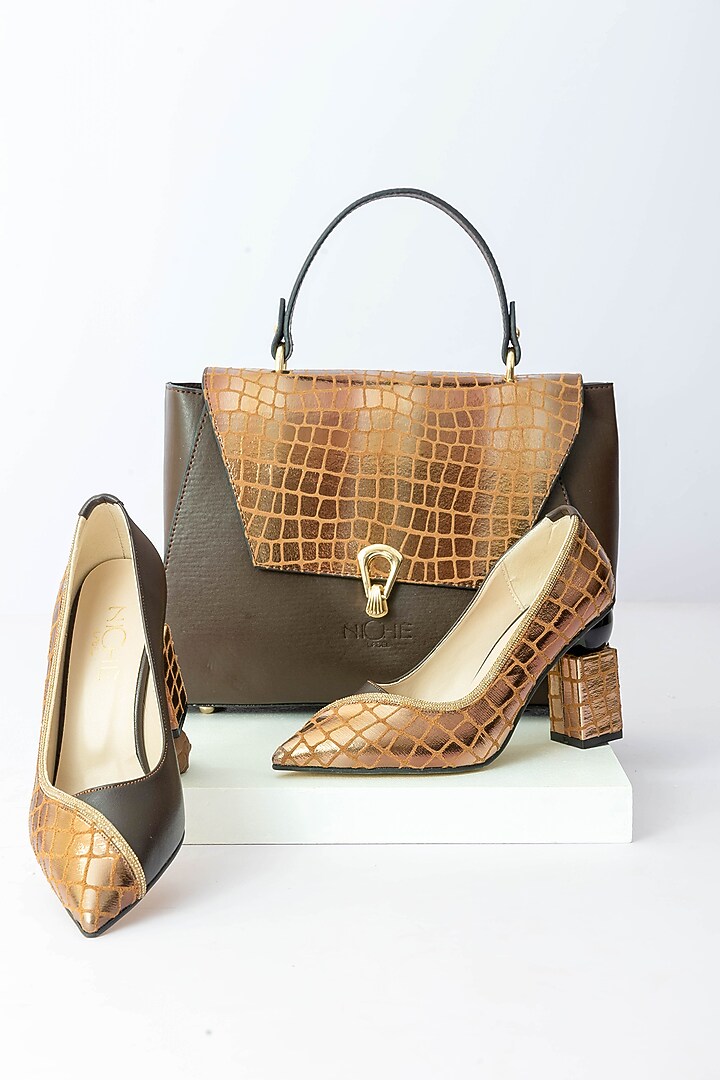 Brown Art Leather Snake Pattern Handbag With Heels by Niche Label at Pernia's Pop Up Shop