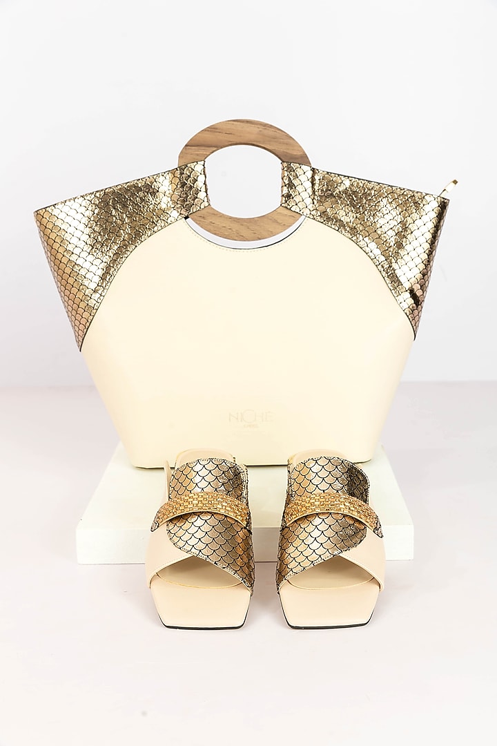 Cream Fabric Sequins Embellished Tote Handbag With Heels by Niche Label