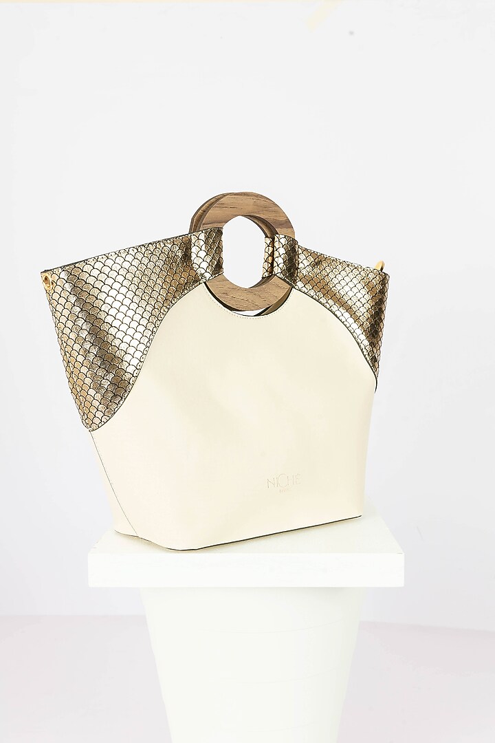 Cream Fabric Sequins Embellished Tote Handbag With Heels by Niche Label at Pernia's Pop Up Shop