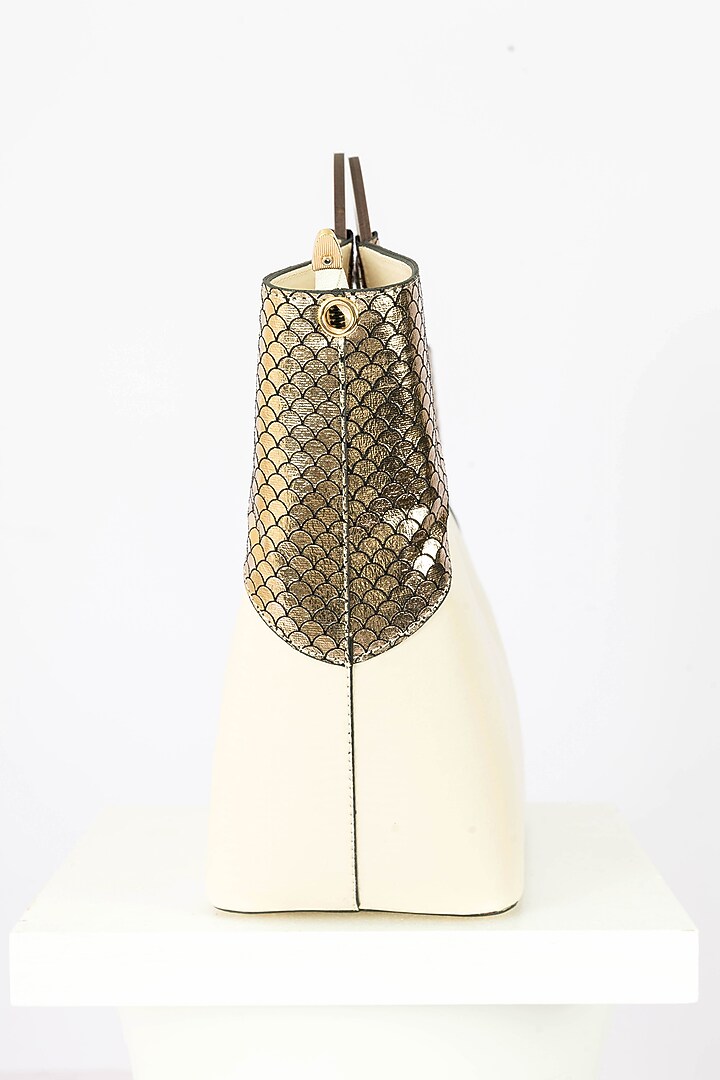 Cream Fabric Sequins Embellished Tote Handbag With Heels by Niche Label at Pernia's Pop Up Shop
