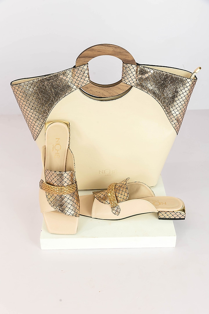 Cream Fabric Sequins Embellished Tote Handbag With Heels by Niche Label at Pernia's Pop Up Shop