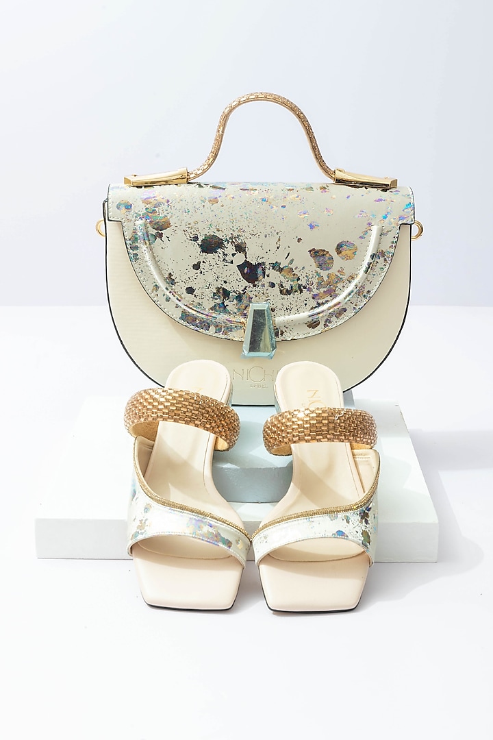 Cream Fabric Sequins Embellished Handbag With Heels by Niche Label
