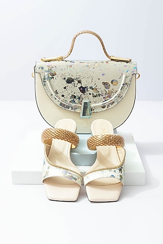 Cream Fabric Sequins Embellished Handbag With Heels by Niche Label