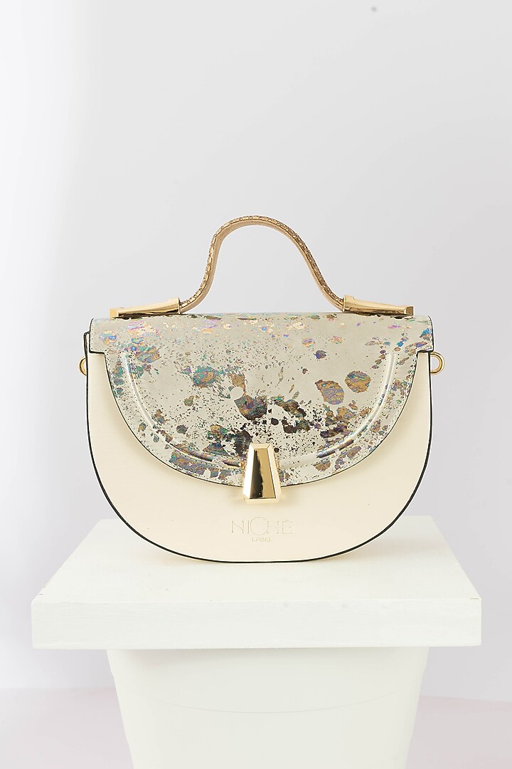 Cream Fabric Sequins Embellished Handbag With Heels by Niche Label at Pernia's Pop Up Shop