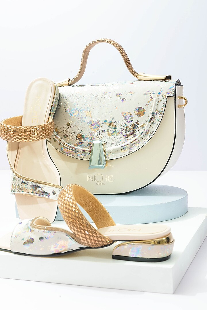 Cream Fabric Sequins Embellished Handbag With Heels by Niche Label at Pernia's Pop Up Shop