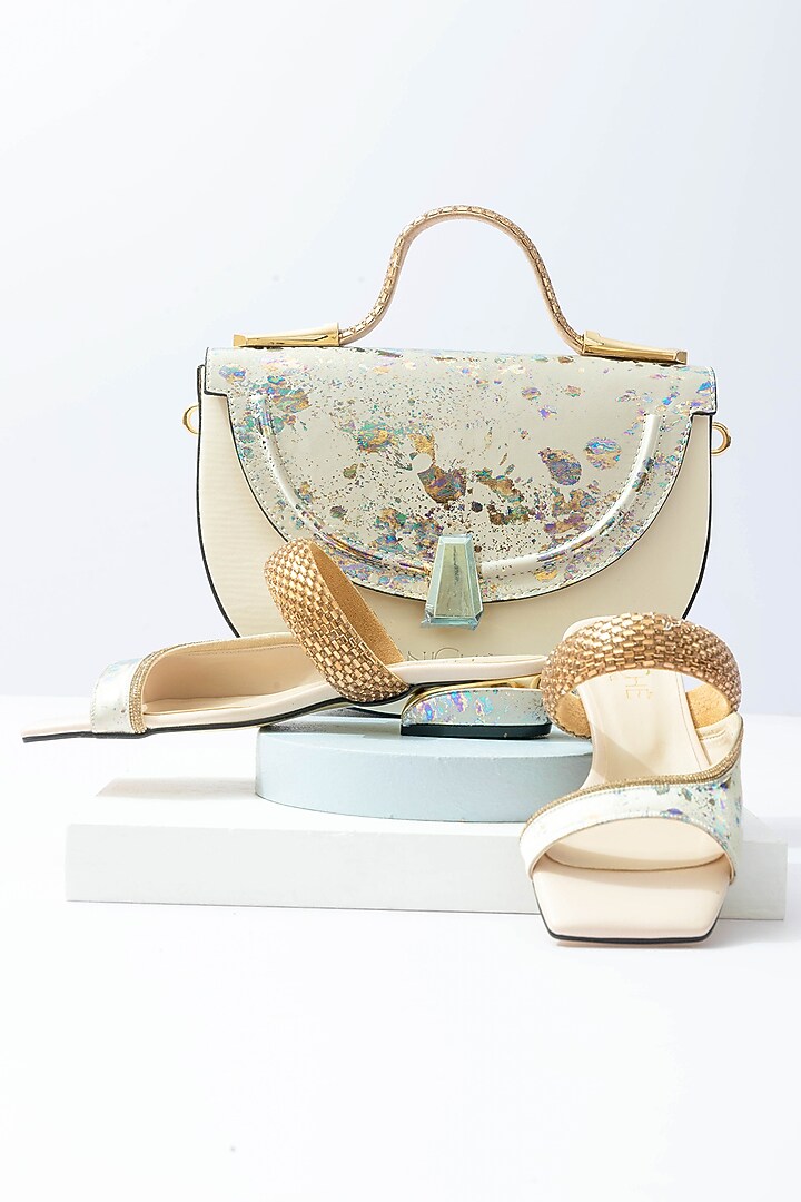 Cream Fabric Sequins Embellished Handbag With Heels by Niche Label at Pernia's Pop Up Shop