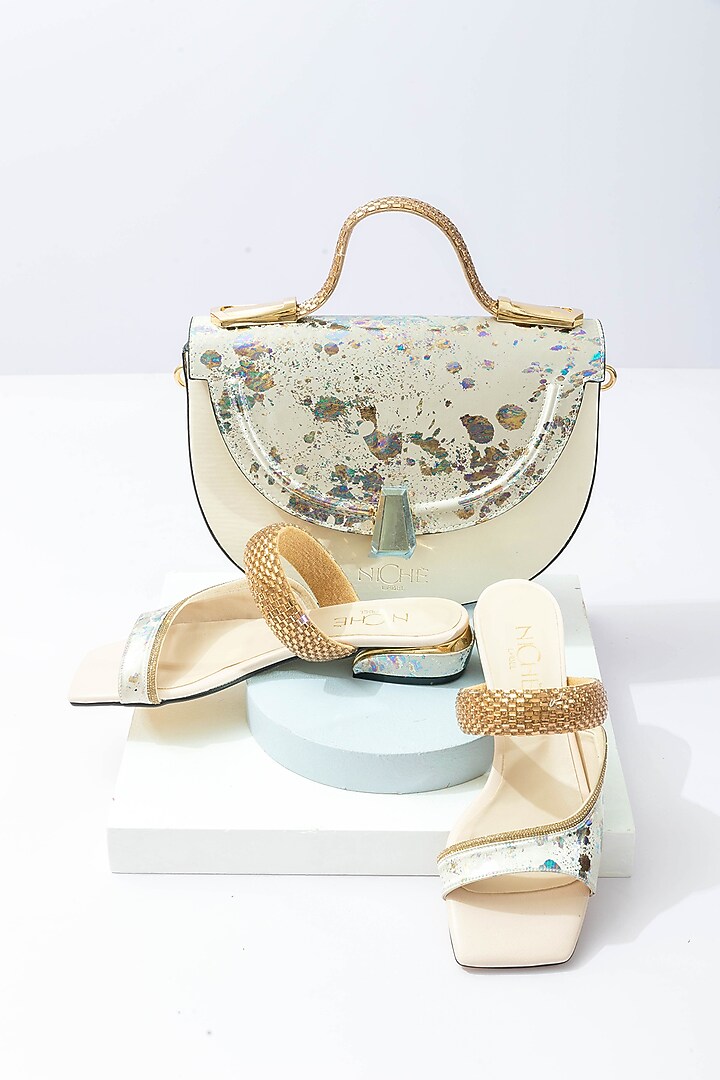 Cream Fabric Sequins Embellished Handbag With Heels by Niche Label at Pernia's Pop Up Shop