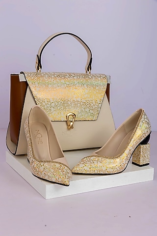 Cream Fabric Sequins Embellished Handbag With Heels by Niche Label