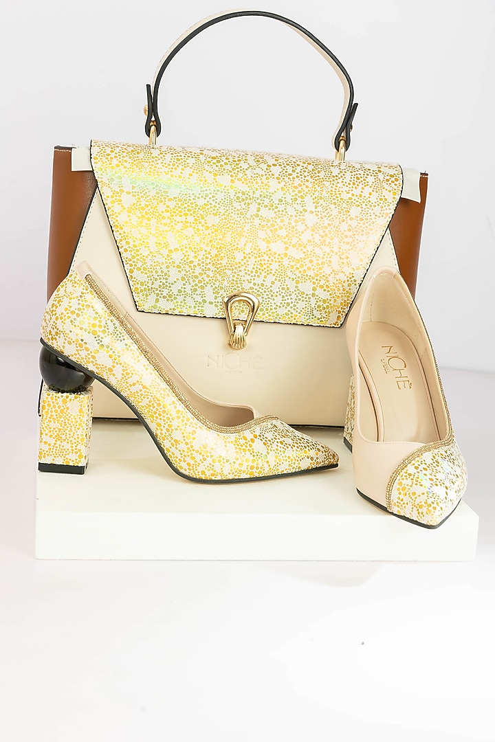 Cream Fabric Sequins Embellished Handbag With Heels by Niche Label at Pernia's Pop Up Shop
