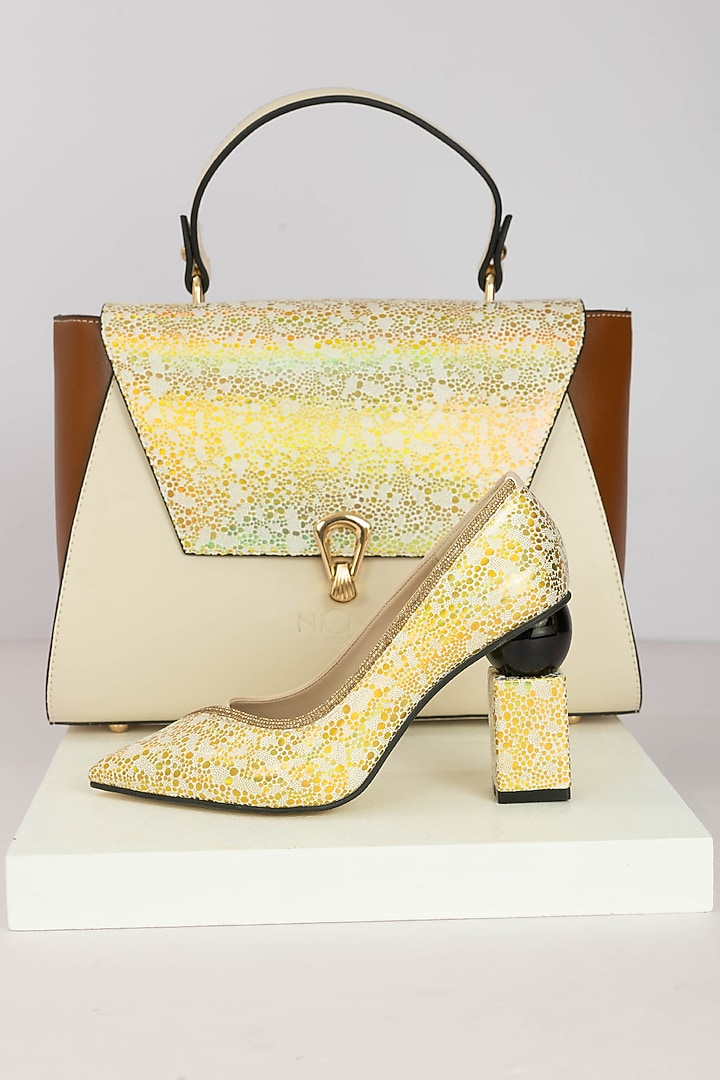 Cream Fabric Sequins Embellished Handbag With Heels by Niche Label at Pernia's Pop Up Shop