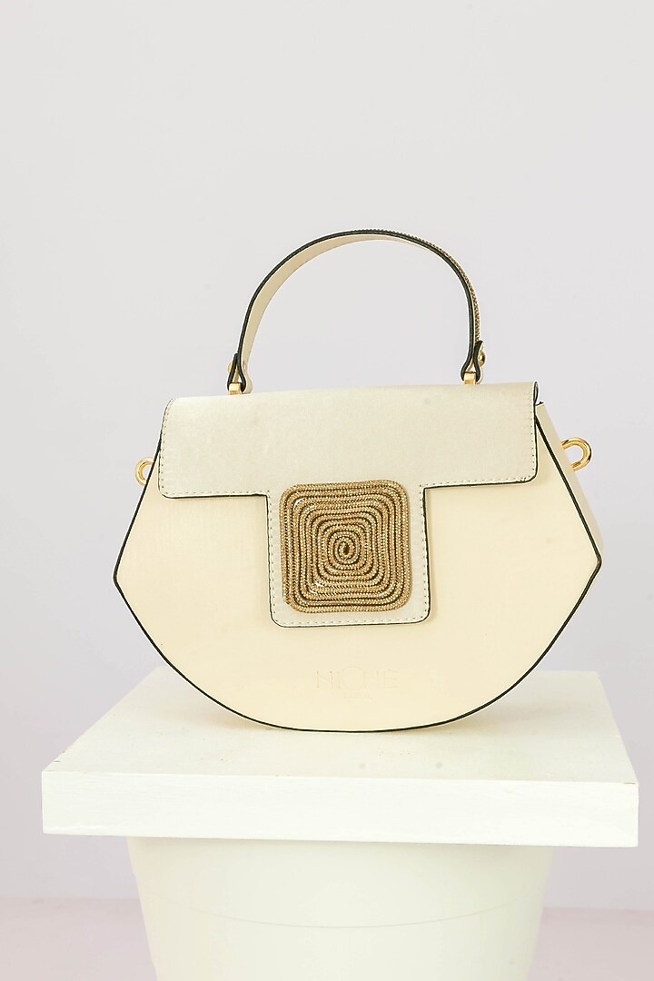 Cream Fabric Rhinestone Embellished Handbag With Heels by Niche Label at Pernia's Pop Up Shop