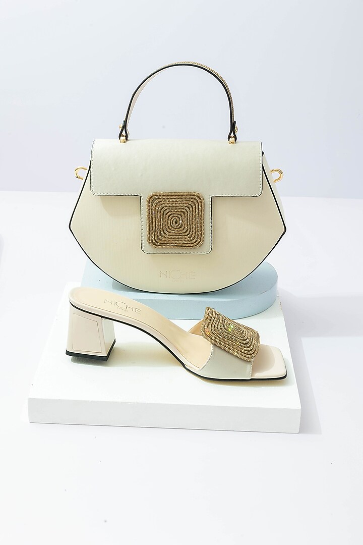 Cream Fabric Rhinestone Embellished Handbag With Heels by Niche Label at Pernia's Pop Up Shop
