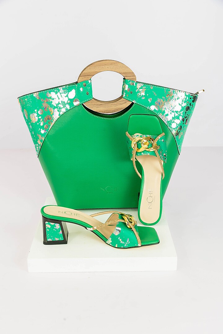 Green Art Leather Sequins Embellished Tote Handbag With Heels by Niche Label