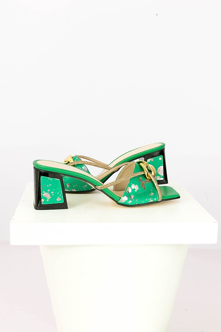 Green Art Leather Sequins Embellished Tote Handbag With Heels by Niche Label at Pernia's Pop Up Shop