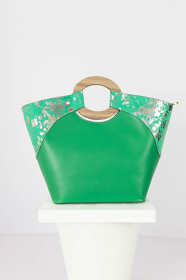 Green Art Leather Sequins Embellished Tote Handbag With Heels by Niche Label at Pernia's Pop Up Shop