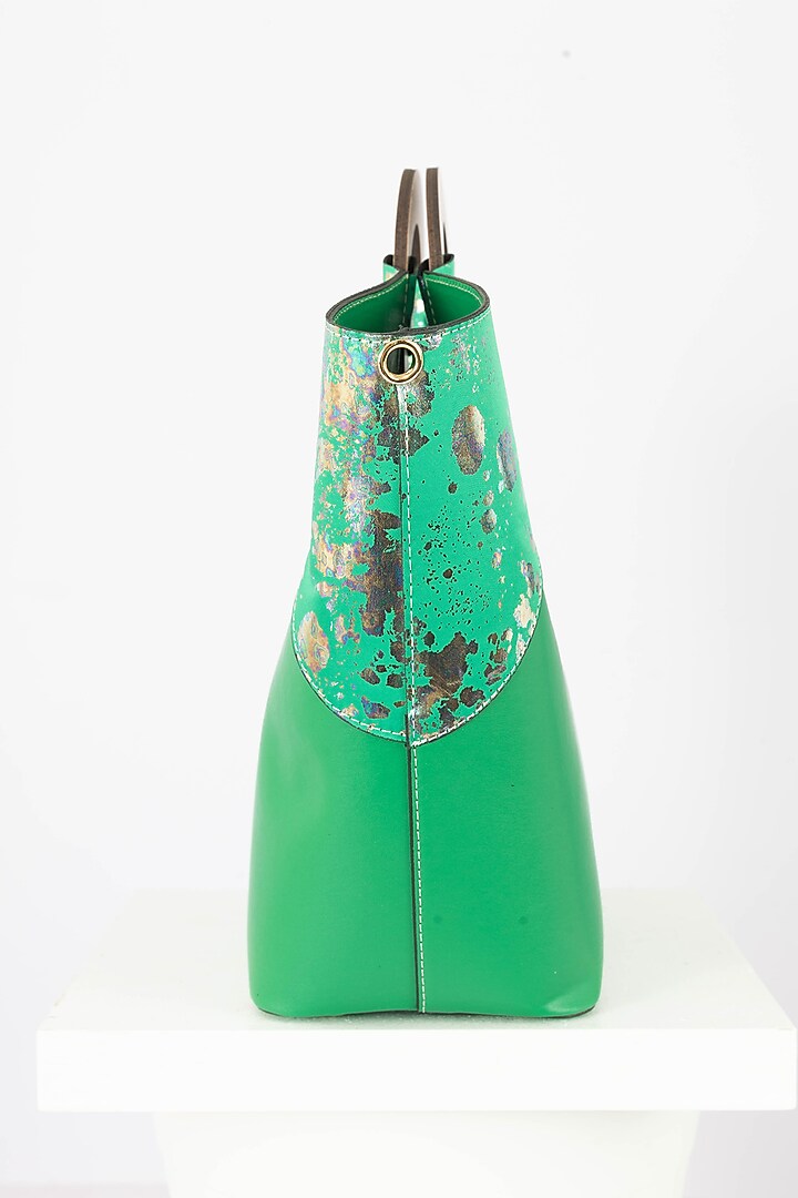 Green Art Leather Sequins Embellished Tote Handbag With Heels by Niche Label at Pernia's Pop Up Shop