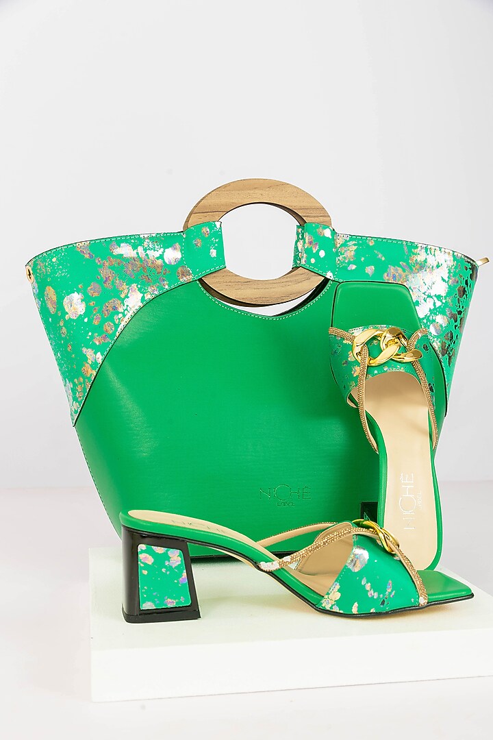 Green Art Leather Sequins Embellished Tote Handbag With Heels by Niche Label at Pernia's Pop Up Shop