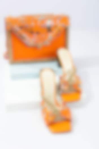 Orange Art Leather Sequins Embellished Envelope Handbag With Heels by Niche Label