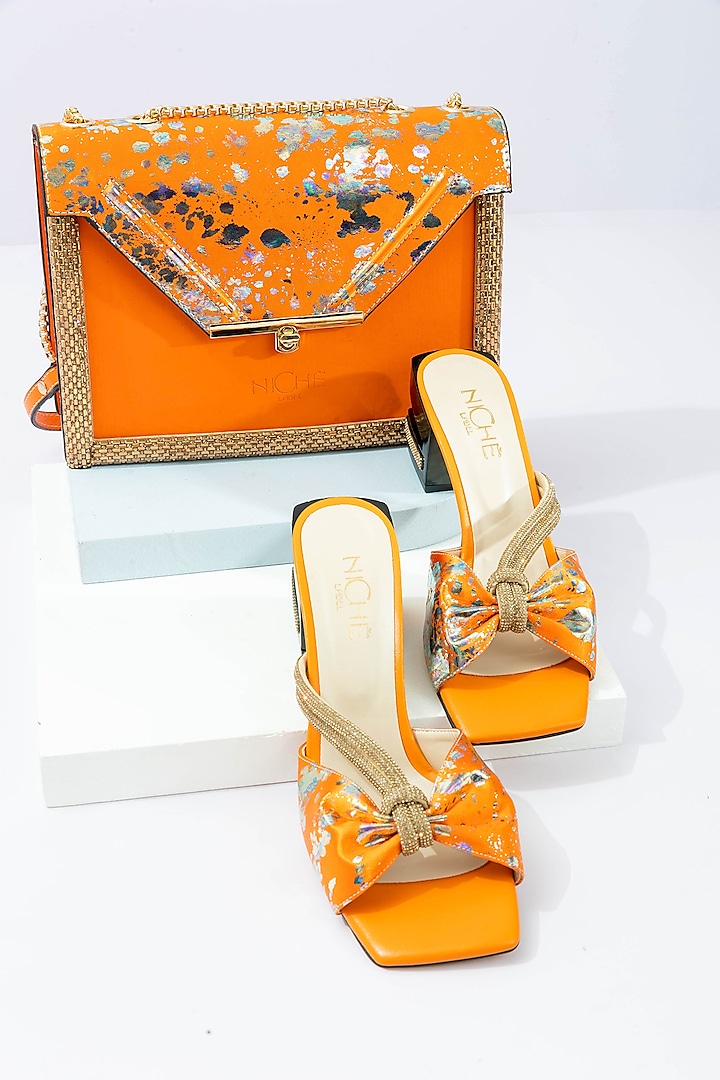 Orange Art Leather Sequins Embellished Envelope Handbag With Heels by Niche Label