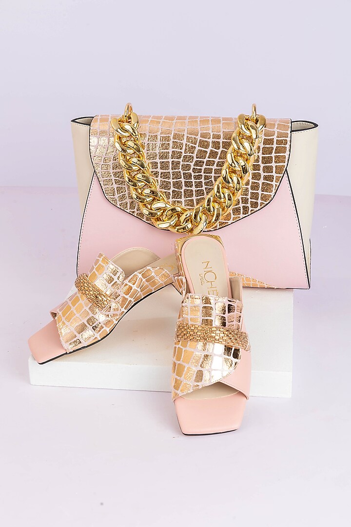 Pastel Pink Art Leather Snake Pattern Handbag With Heels by Niche Label