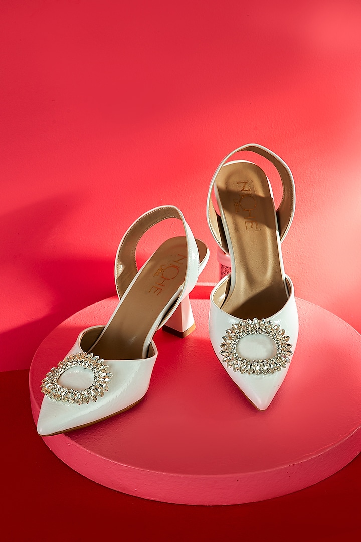 White Art Leather Embellished Heels by Niche Label