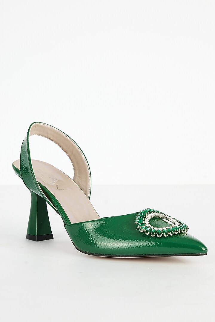 Green Art Leather Embellished Heels by Niche Label at Pernia's Pop Up Shop