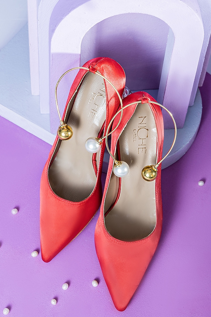 Red Fabric Pearl Embellished Heels by Niche Label at Pernia's Pop Up Shop