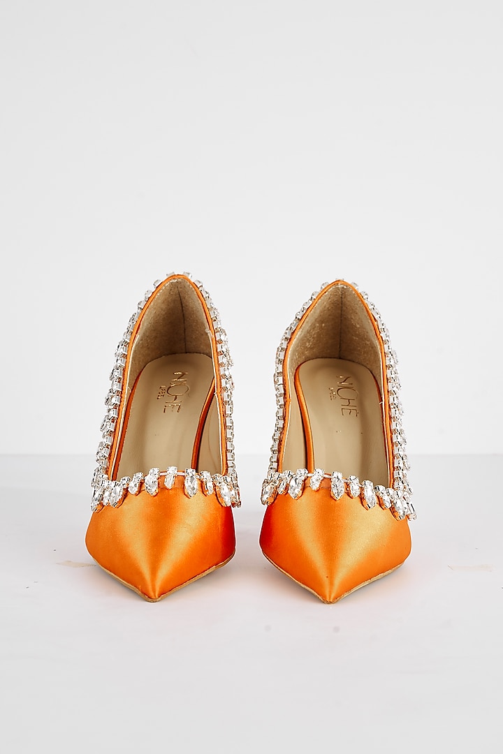 Orange Fabric Stone Work Heels by Niche Label at Pernia's Pop Up