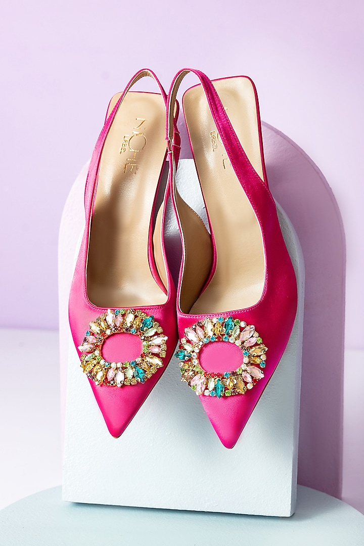 Pink Fabric Embellished Heels by Niche Label at Pernia's Pop Up Shop