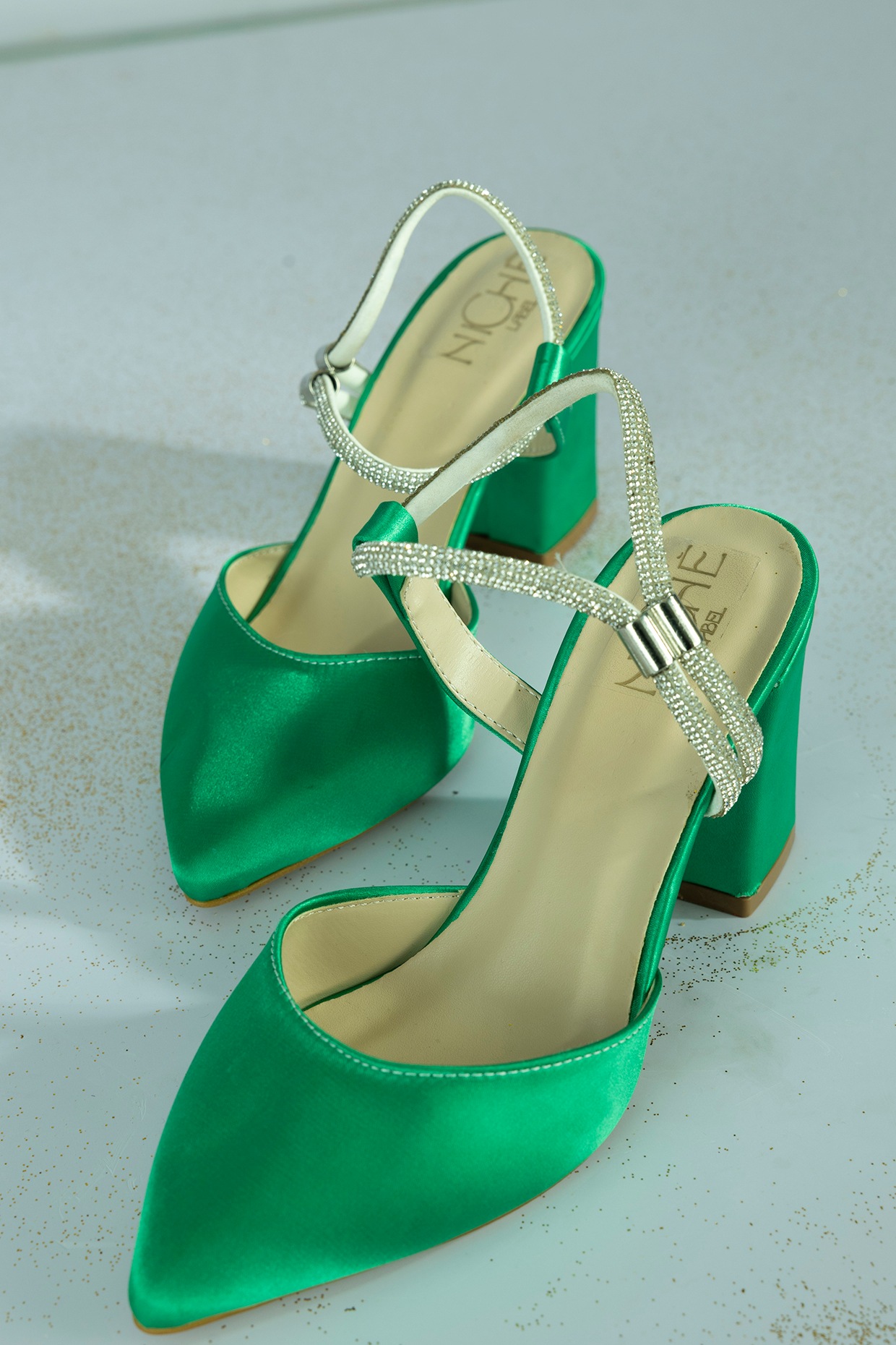 Green Fabric Embellished Heels by Niche Label at Pernia s Pop Up Shop