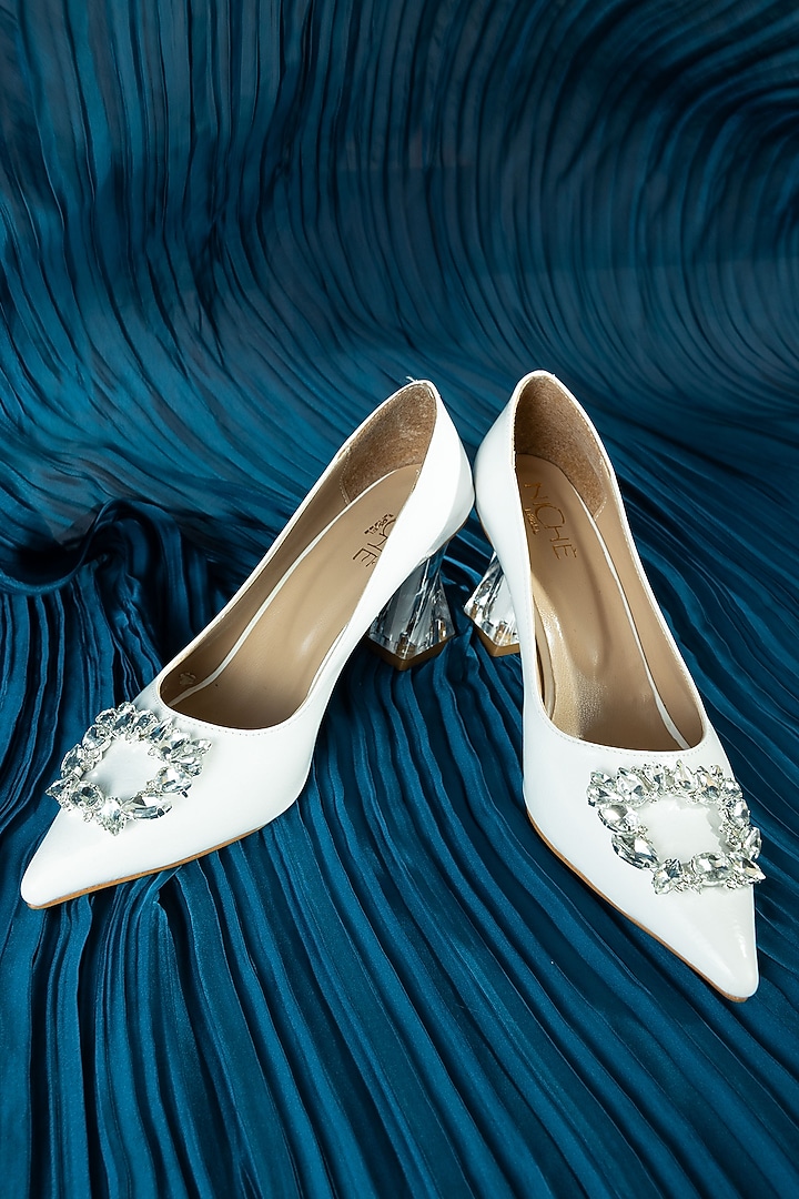 White Art Leather Stone Work Heels by Niche Label at Pernia's Pop Up Shop