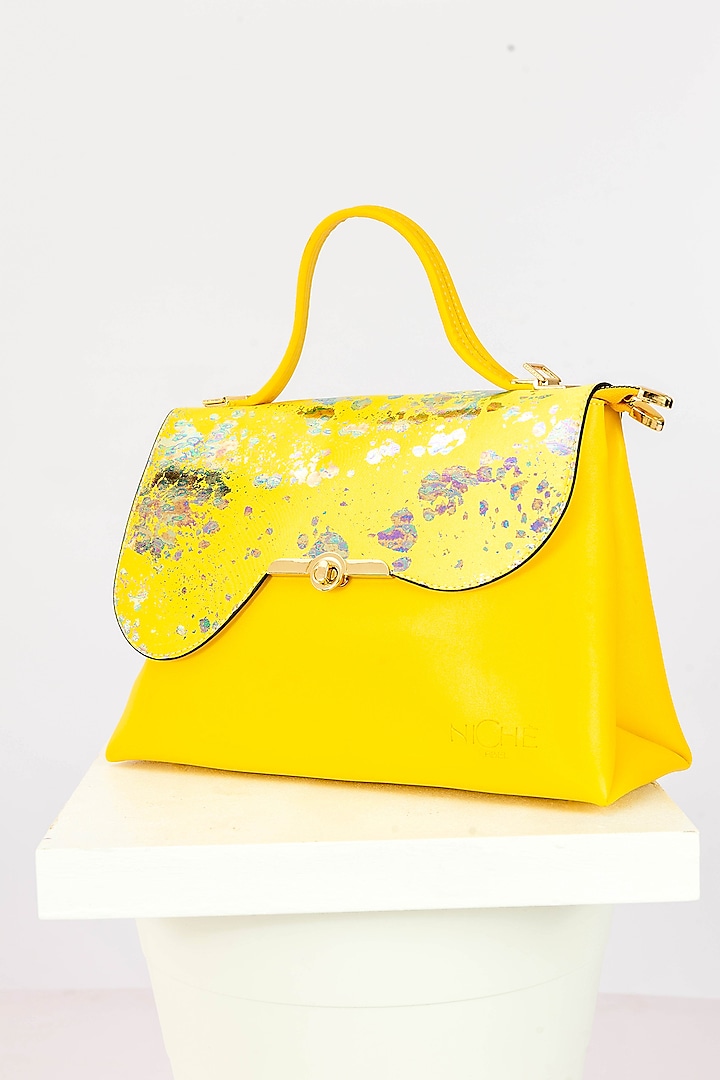 Yellow Art Leather Sequins Embellished Handbag by Niche Label
