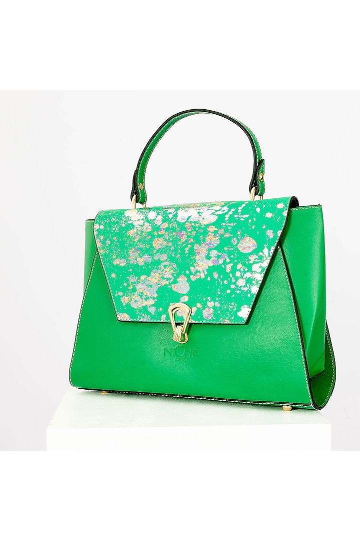 Green Art Leather Sequinned Handbag by Niche Label