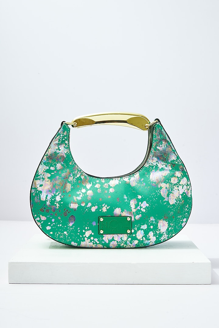 Green Art Leather Sequinned Handbag by Niche Label