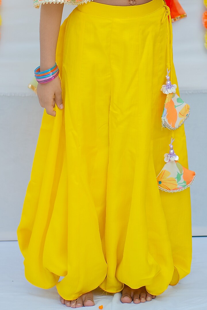 Yellow Linen Silk & Mul Palazzo Pant Set For Girls by Little Nida at Pernia's Pop Up Shop