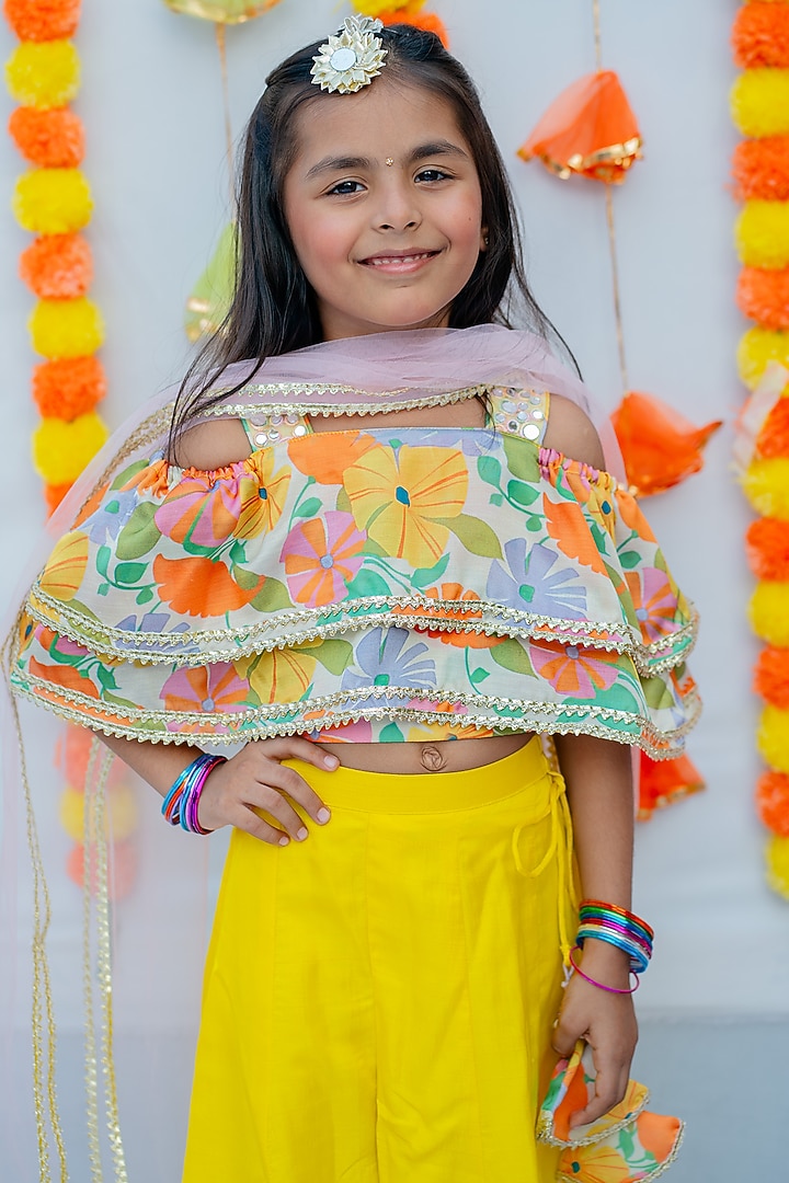 Yellow Linen Silk & Mul Palazzo Pant Set For Girls by Little Nida at Pernia's Pop Up Shop