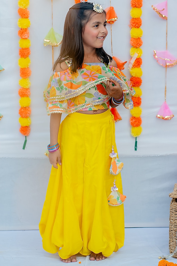 Yellow Linen Silk & Mul Palazzo Pant Set For Girls by Little Nida at Pernia's Pop Up Shop