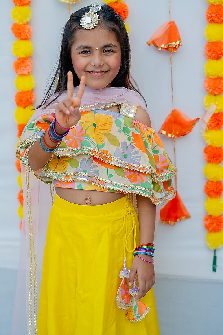 Yellow Linen Silk & Mul Palazzo Pant Set For Girls by Little Nida at Pernia's Pop Up Shop