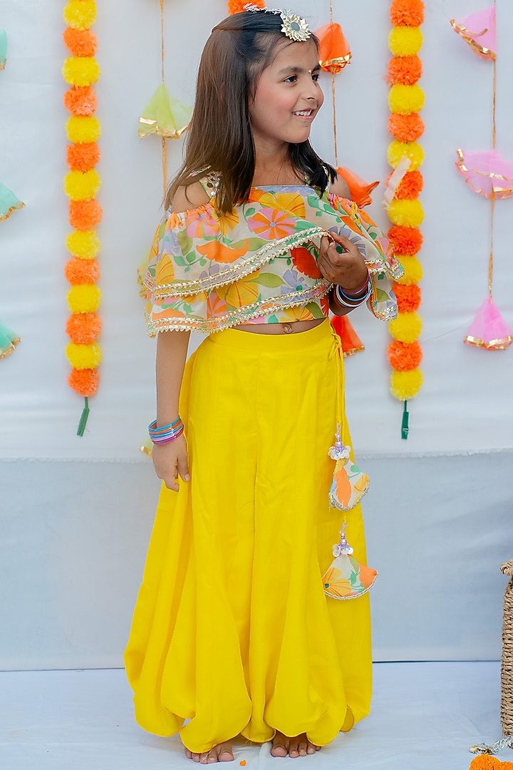 Yellow Linen Silk & Mul Palazzo Pant Set For Girls by Little Nida at Pernia's Pop Up Shop